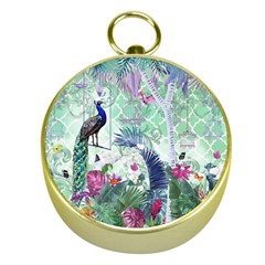 Peacock Parrot Bird Pattern Exotic Summer Green Flower Jungle Paradise Gold Compasses