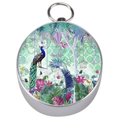 Peacock Parrot Bird Pattern Exotic Summer Green Flower Jungle Paradise Silver Compasses