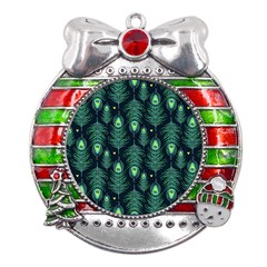 Peacock Pattern Metal X Mas Ribbon With Red Crystal Round Ornament