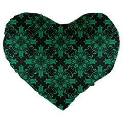 Green Damask Pattern Vintage Floral Pattern, Green Vintage Large 19  Premium Flano Heart Shape Cushions by nateshop