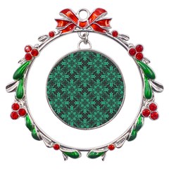Green Damask Pattern Vintage Floral Pattern, Green Vintage Metal X mas Wreath Ribbon Ornament