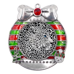 Leopard In Art, Animal, Graphic, Illusion Metal X mas Ribbon With Red Crystal Round Ornament