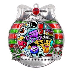 Cartoon Graffiti, Art, Black, Colorful Metal X mas Ribbon With Red Crystal Round Ornament by nateshop