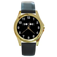 Moon Phases, Eclipse, Black Round Gold Metal Watch