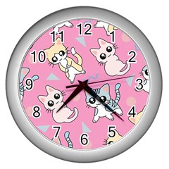 Cute Animal Little Cat Seamless Pattern Wall Clock (silver)