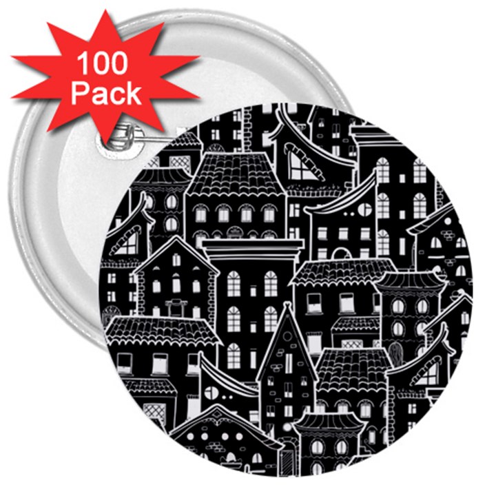 Dark Seamless Pattern With Houses Doodle House Monochrome 3  Buttons (100 pack) 