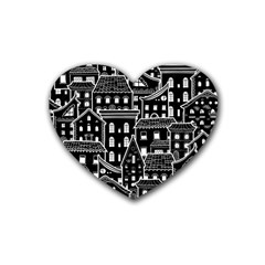 Dark Seamless Pattern With Houses Doodle House Monochrome Rubber Heart Coaster (4 Pack)