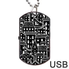 Dark Seamless Pattern With Houses Doodle House Monochrome Dog Tag Usb Flash (one Side)