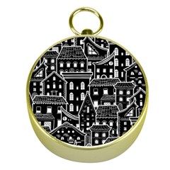 Dark Seamless Pattern With Houses Doodle House Monochrome Gold Compasses by Cemarart