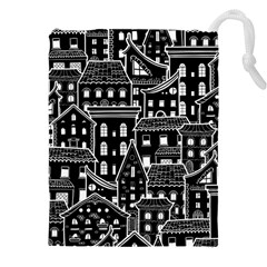Dark Seamless Pattern With Houses Doodle House Monochrome Drawstring Pouch (4xl) by Cemarart