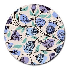 Bird Floral Blue Flower Retro Seamless Pattern Round Mousepad