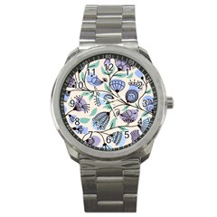 Bird Floral Blue Flower Retro Seamless Pattern Sport Metal Watch