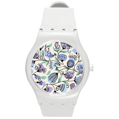 Bird Floral Blue Flower Retro Seamless Pattern Round Plastic Sport Watch (m)