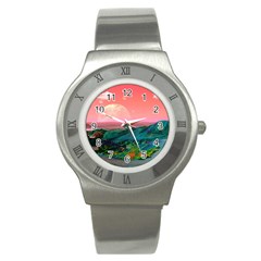 Unicorn Valley Aesthetic Clouds Landscape Mountain Nature Pop Art Surrealism Retrowave Stainless Steel Watch