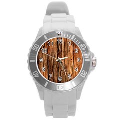 Brown Wooden Texture Round Plastic Sport Watch (l) by nateshop