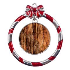 Brown Wooden Texture Metal Red Ribbon Round Ornament by nateshop