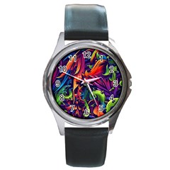 Colorful Floral Patterns, Abstract Floral Background Round Metal Watch by nateshop