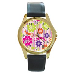 Colorful Flowers Pattern Floral Patterns Round Gold Metal Watch by nateshop