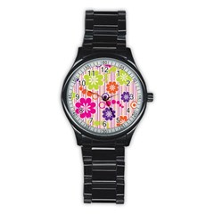 Colorful Flowers Pattern Floral Patterns Stainless Steel Round Watch by nateshop