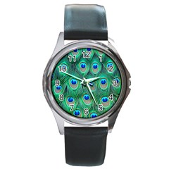 Peacock Feathers, Bonito, Bird, Blue, Colorful, Feathers Round Metal Watch by nateshop