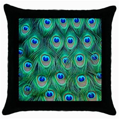 Peacock Feathers, Bonito, Bird, Blue, Colorful, Feathers Throw Pillow Case (black) by nateshop