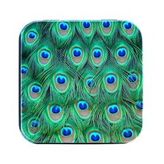 Peacock Feathers, Bonito, Bird, Blue, Colorful, Feathers Square Metal Box (black) by nateshop