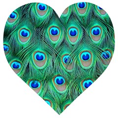 Peacock Feathers, Bonito, Bird, Blue, Colorful, Feathers Wooden Puzzle Heart by nateshop