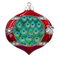 Peacock Feathers, Bonito, Bird, Blue, Colorful, Feathers Metal Snowflake And Bell Red Ornament by nateshop