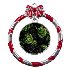 Berry,note, Green, Raspberries Metal Red Ribbon Round Ornament