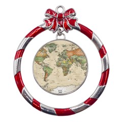 Vintage World Map Aesthetic Metal Red Ribbon Round Ornament by Cemarart