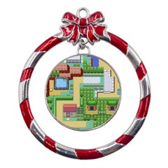 Pixel Map Game Metal Red Ribbon Round Ornament by Cemarart