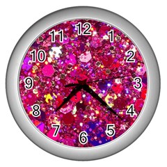 Pink Glitter, Cute, Girly, Glitter, Pink, Purple, Sparkle Wall Clock (Silver)