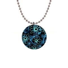 Mazipoodles Love Flowers - Black Dusty Blue Duck Egg Green 1  Button Necklace by Mazipoodles