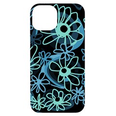 Mazipoodles Love Flowers - Black Dusty Blue Duck Egg Green Iphone 14 Black Uv Print Case by Mazipoodles