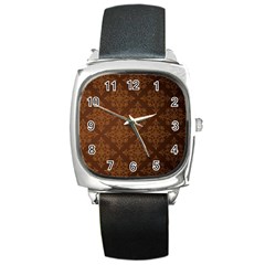 Brown Floral Pattern Floral Vintage Pattern, Brown Vintage Square Metal Watch by nateshop