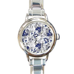 Retro Texture With Blue Flowers, Floral Retro Background, Floral Vintage Texture, White Background W Round Italian Charm Watch