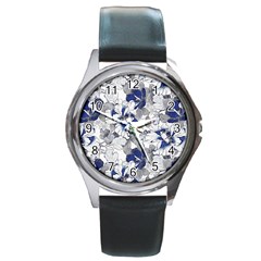 Retro Texture With Blue Flowers, Floral Retro Background, Floral Vintage Texture, White Background W Round Metal Watch