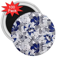 Retro Texture With Blue Flowers, Floral Retro Background, Floral Vintage Texture, White Background W 3  Magnets (100 pack)