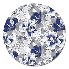 Retro Texture With Blue Flowers, Floral Retro Background, Floral Vintage Texture, White Background W Magnet 5  (Round)