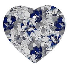 Retro Texture With Blue Flowers, Floral Retro Background, Floral Vintage Texture, White Background W Heart Ornament (Two Sides)