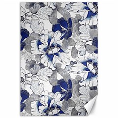 Retro Texture With Blue Flowers, Floral Retro Background, Floral Vintage Texture, White Background W Canvas 12  x 18 