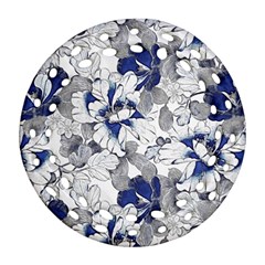 Retro Texture With Blue Flowers, Floral Retro Background, Floral Vintage Texture, White Background W Round Filigree Ornament (Two Sides)