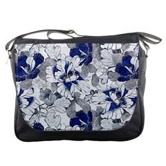 Retro Texture With Blue Flowers, Floral Retro Background, Floral Vintage Texture, White Background W Messenger Bag