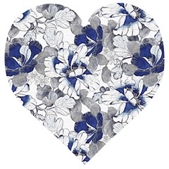 Retro Texture With Blue Flowers, Floral Retro Background, Floral Vintage Texture, White Background W Wooden Puzzle Heart