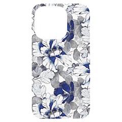 Retro Texture With Blue Flowers, Floral Retro Background, Floral Vintage Texture, White Background W iPhone 14 Pro Black UV Print Case