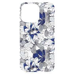 Retro Texture With Blue Flowers, Floral Retro Background, Floral Vintage Texture, White Background W Iphone 14 Pro Max Black Uv Print Case