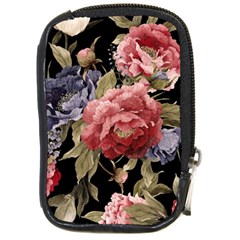 Retro Texture With Flowers, Black Background With Flowers Compact Camera Leather Case by nateshop