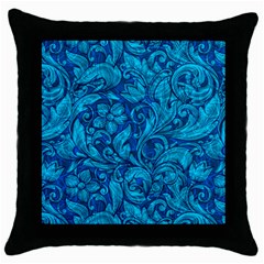 Blue Floral Pattern Texture, Floral Ornaments Texture Throw Pillow Case (black) by nateshop