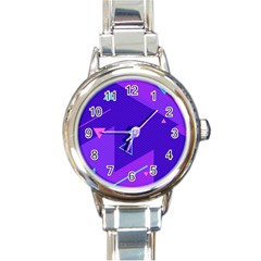 Purple Geometric Abstraction, Purple Neon Background Round Italian Charm Watch