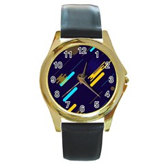 Blue Background Geometric Abstrac Round Gold Metal Watch